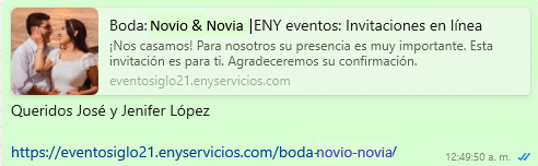 Inivtación enviada por whatsApp con su enlace por ENY Eventos- Invitaciones en línea